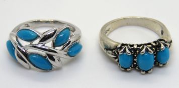Two silver and turquoise rings, size K.