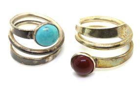 Two silver rings, one set with turquoise the other carnelian, each stamped Mexico 925, size K.