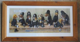 Print; Bryan Moon 'Bobbies' dogs in police uniform, in contemporary pine frame, 69 x 37cm overall.