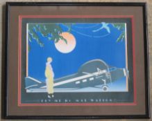 A copy of a 1930s poster 'Fly Me by Mal Watson' in frame, 45 x 37cm overall.