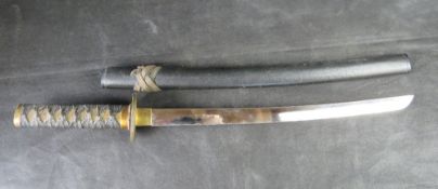 A Katana having single edge blade with brass fittings and cord bound fish skin grip,