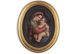 A continental porcelain plaque probably KPM in gilt frame painted with a mother and child, 22 x