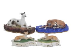 Pair 19th Century English Porcelain Greyhounds & Two Examples, the pair possibly by Samuel Alcock or