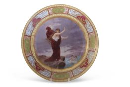 VIENNA STYLE CHARGER; THREE SIRENS 19TH CENTURY, within elaborate raised gilt decorated border