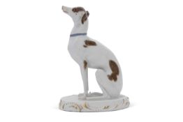 Meissen Figure of a Seated Greyhound on oval base with gilt highlights, 20th century blue crossed