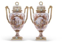 A pair of Dresden vases and covers decorated in Meissen style with finely painted panels of shipping