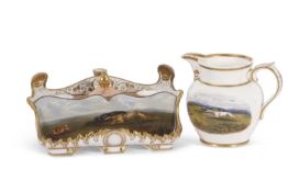 CHAMBERLAIN WORCESTER SALMON-PINK & BLUE GROUND INKSTAND, faux marble effect with gilt decoration