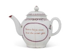 RARE LOWESTOFT PORCELAIN TEAPOT c.1795 with floral decoration and oval cartouche with biblical