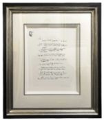 JIMI HENDRIX VOODOO CHILD, framed and glazed lyrical print on paper with facsimile Hendrix