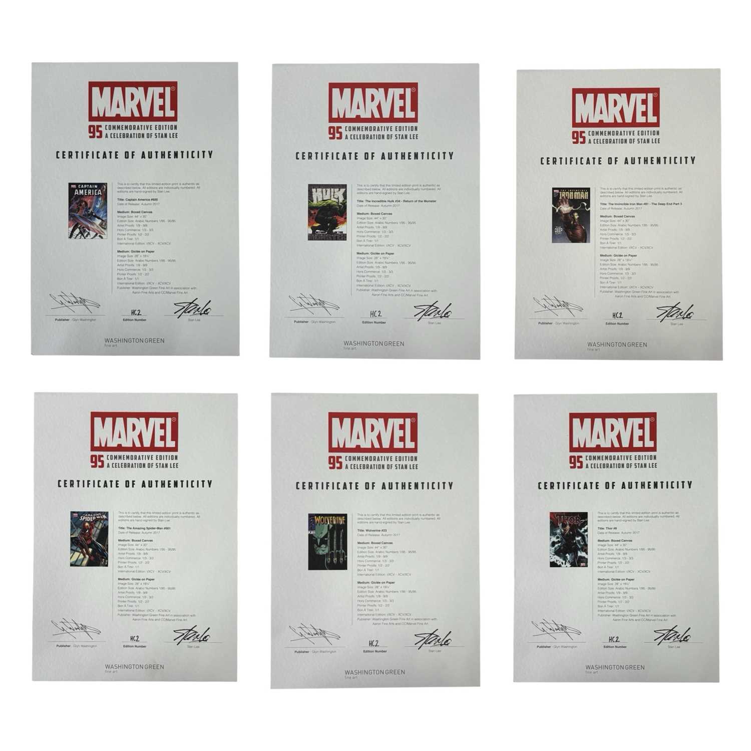 MARVEL 95 COMMEMORATIVE LIMITED EDITION PRINTS [SIGNED]. Washington Green and CC/Marvel Fine Art. - Image 2 of 18