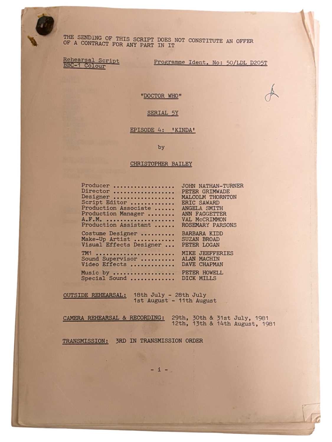 Four original Doctor Who rehearsal scripts, 1981. Written by Christopher Bailey, Serial 5Y, episodes - Image 2 of 5