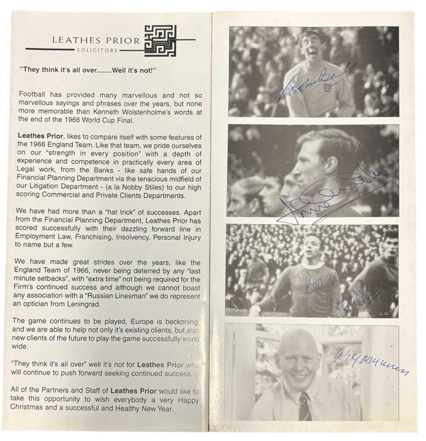 A pair of sporting luncheon menus, signed by footballers Nobby Stiles, Gordon Banks, Wilf McGuinness - Image 2 of 2