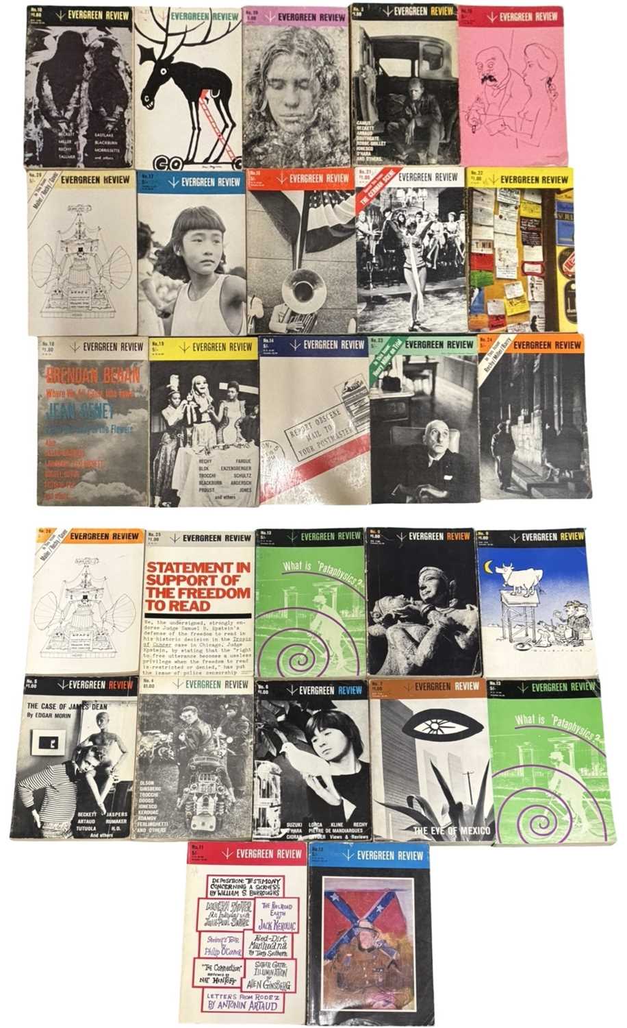 A collection of vintage copies of The Evergreen Review magazine, a US based literary publications