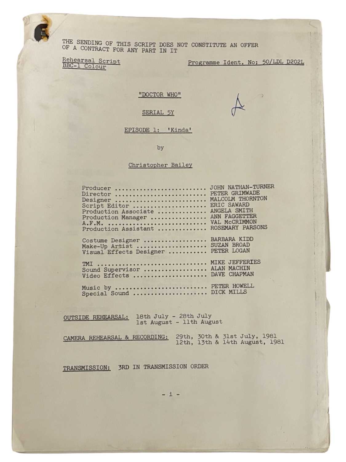 Four original Doctor Who rehearsal scripts, 1981. Written by Christopher Bailey, Serial 5Y, episodes - Image 4 of 5
