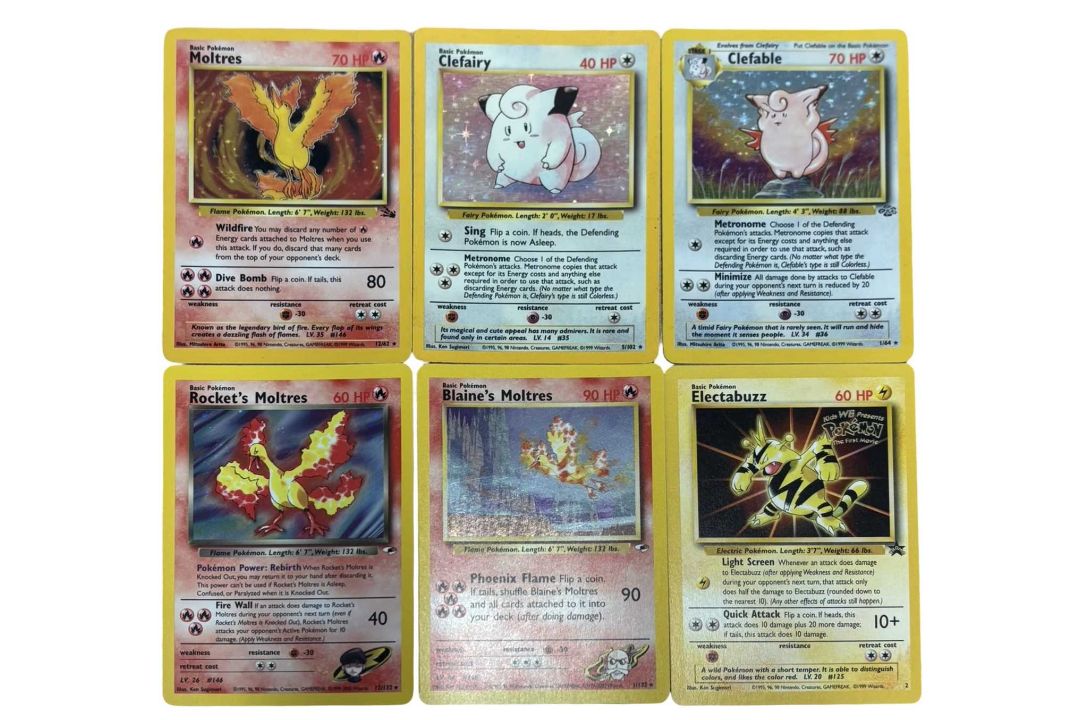 POKEMON TCG 1999 holographics: Moltres 12/16; Blaine's Moltres 1/132; Rocket's Moltres 12/132;