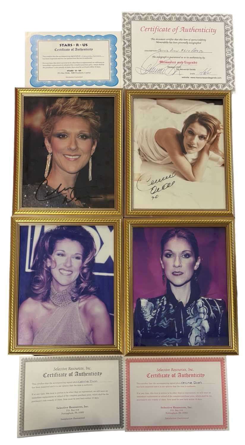 Four framed and glazed 8x10 photographs bearing the signature of Celine Dion [with COAs] (