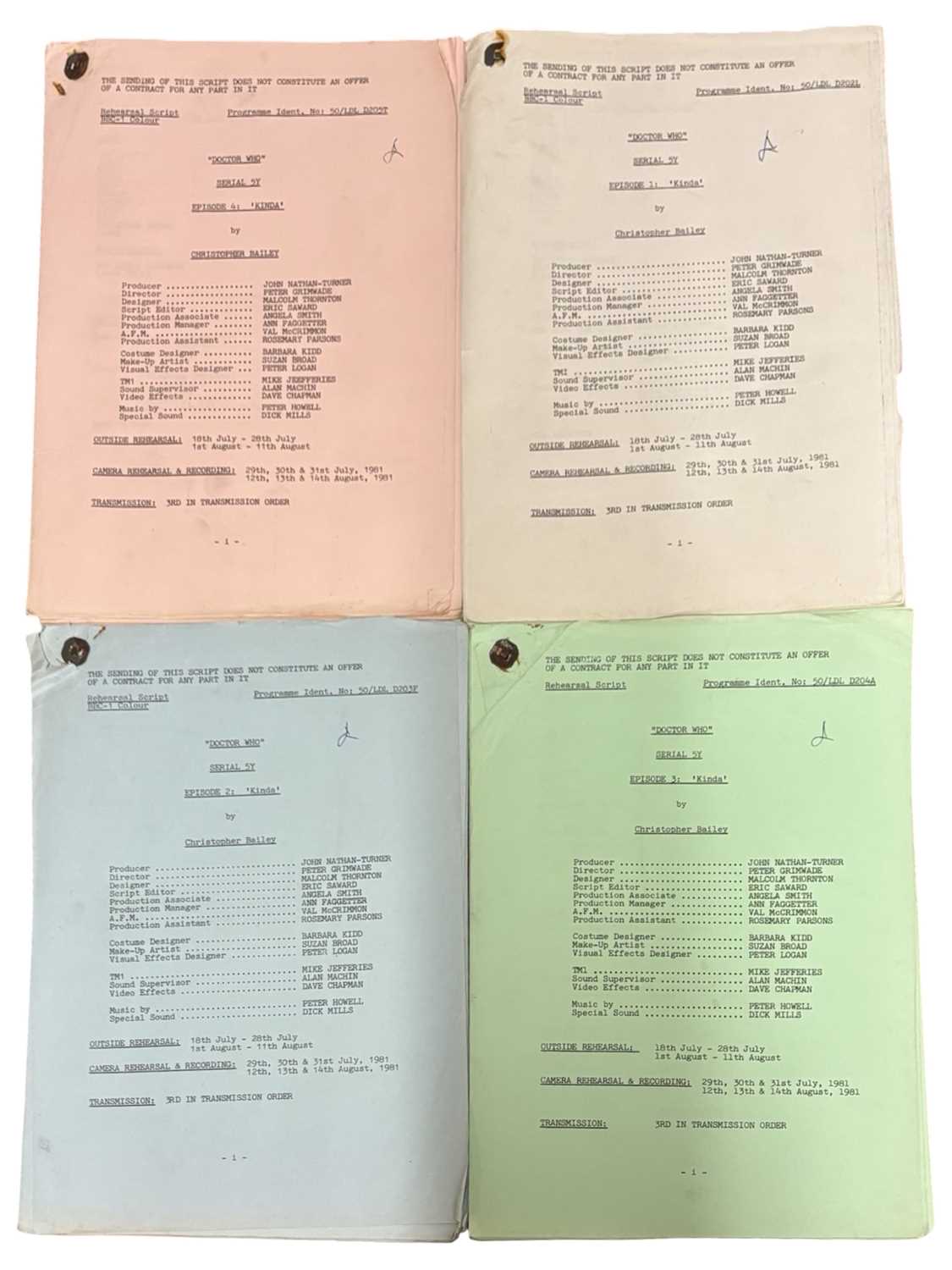Four original Doctor Who rehearsal scripts, 1981. Written by Christopher Bailey, Serial 5Y, episodes