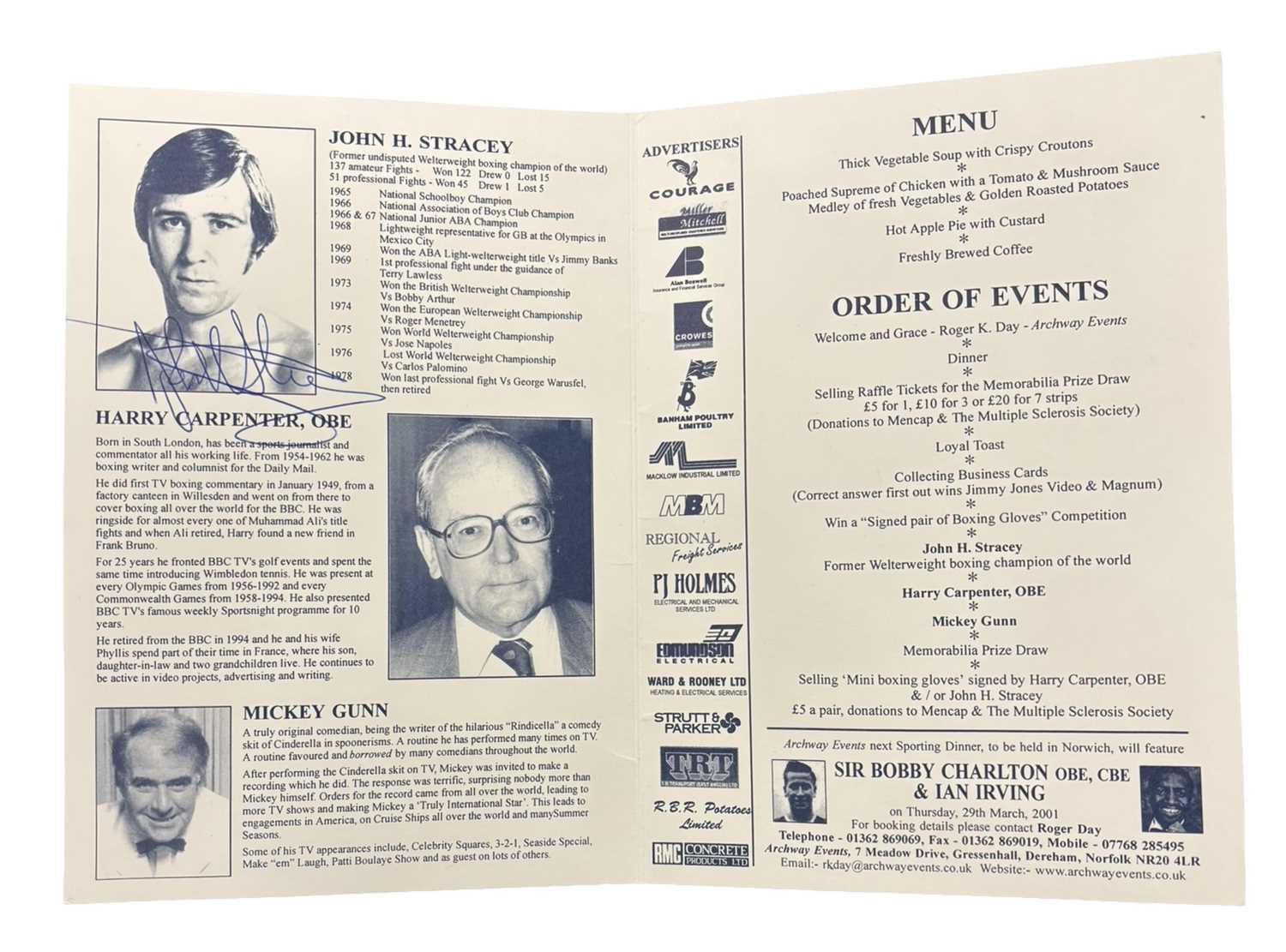A pair of boxing gloves signed by Harry Carpenter and John Stracey, together with a programme signed - Image 2 of 2