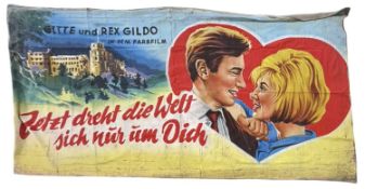 A large hand-painted linen cinema poster for 1964 musical Jetzt dreht die Welt sich nur um dich [The