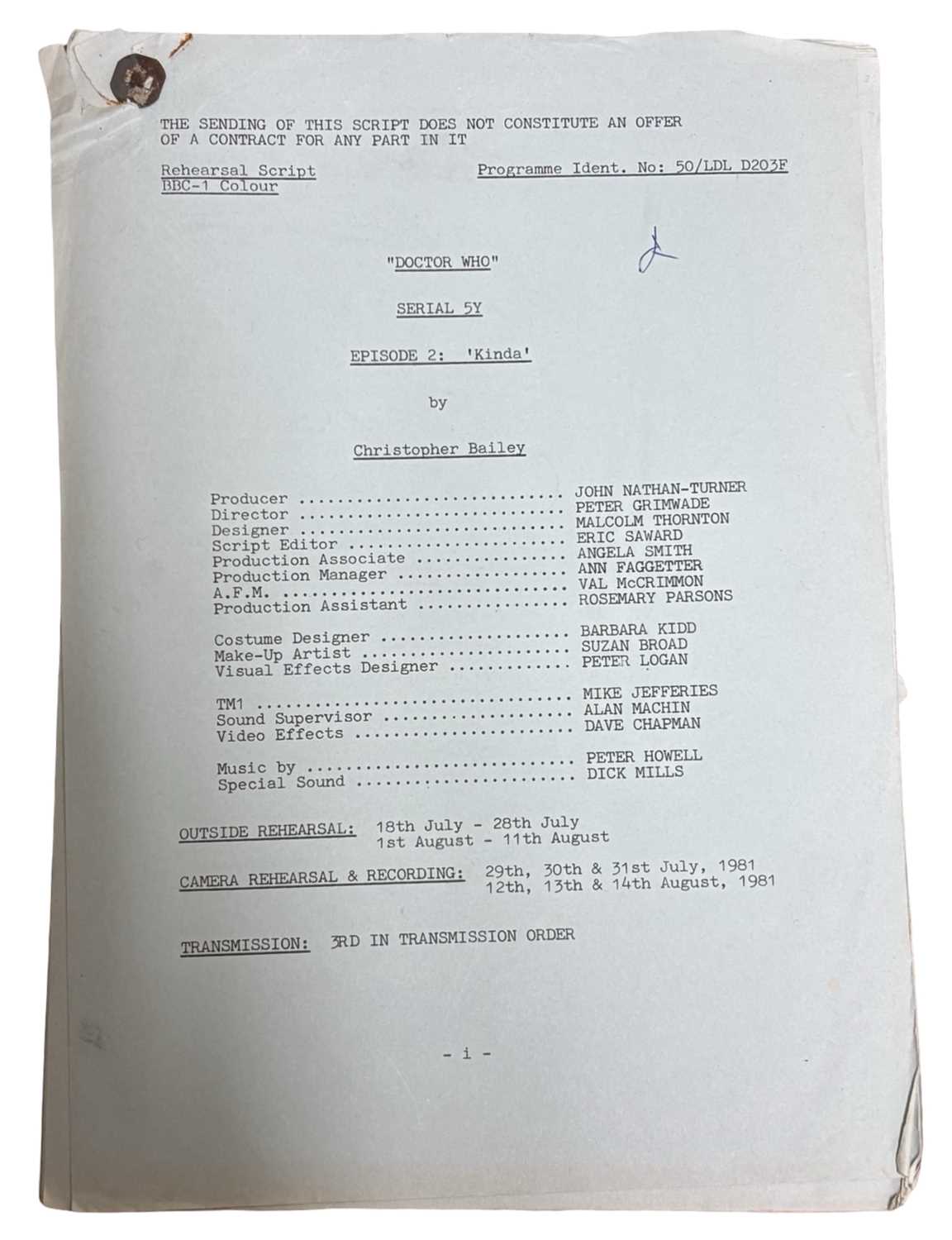 Four original Doctor Who rehearsal scripts, 1981. Written by Christopher Bailey, Serial 5Y, episodes - Image 5 of 5