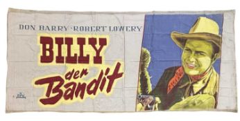 A large vintage hand-painted linen cinema poster Billy den Bandit [Billy the Kid], staring Don Barry