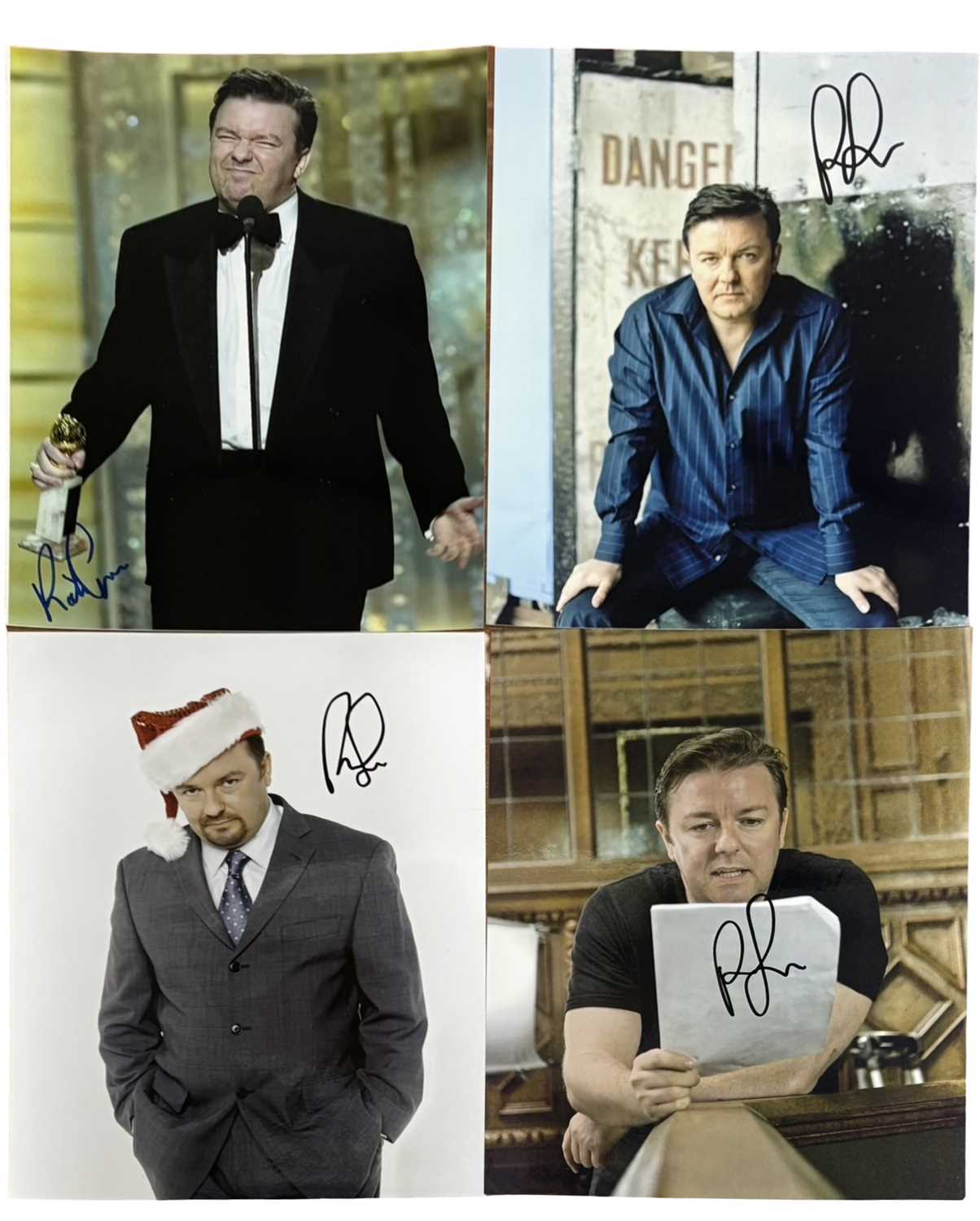 Four colour 8x10 colour photographs bearing the signature of Ricky Gervais (unauthenticated by