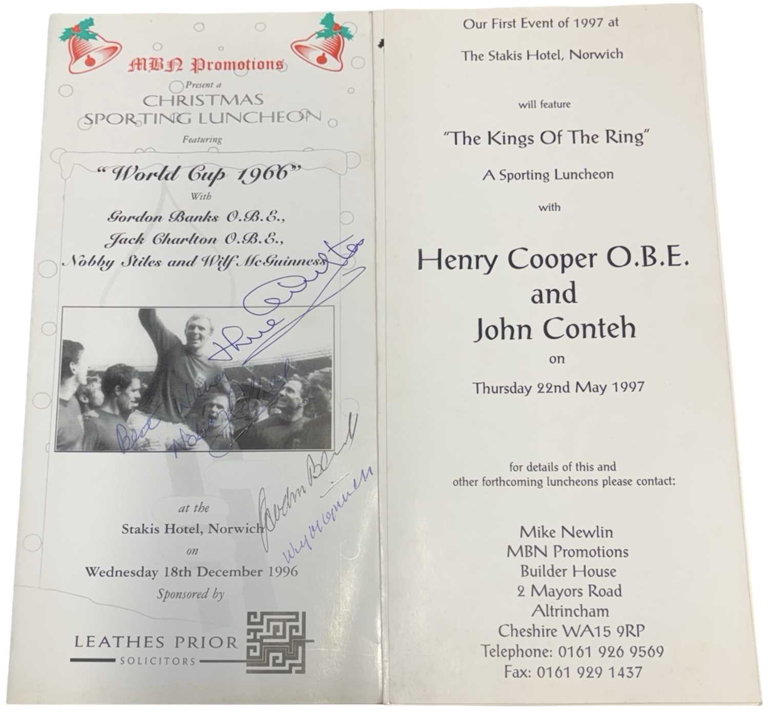 A pair of sporting luncheon menus, signed by footballers Nobby Stiles, Gordon Banks, Wilf McGuinness