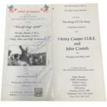 A pair of sporting luncheon menus, signed by footballers Nobby Stiles, Gordon Banks, Wilf McGuinness