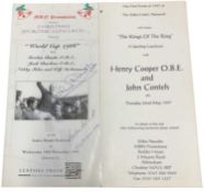 A pair of sporting luncheon menus, signed by footballers Nobby Stiles, Gordon Banks, Wilf McGuinness