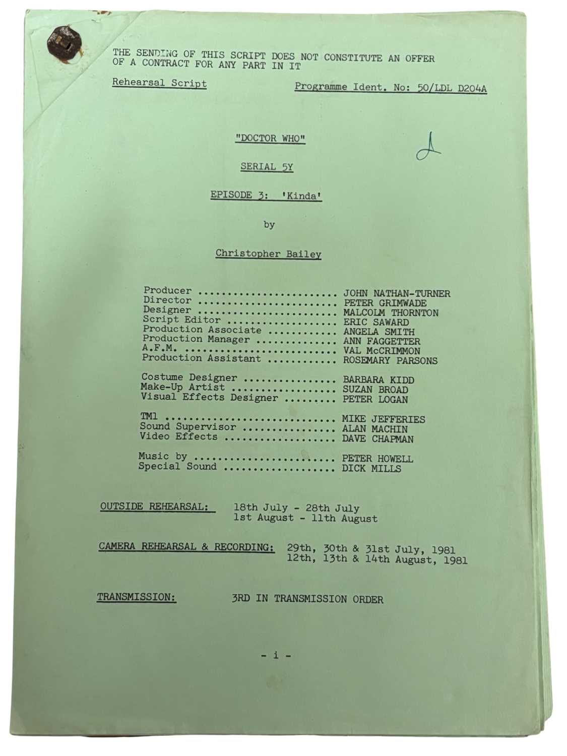 Four original Doctor Who rehearsal scripts, 1981. Written by Christopher Bailey, Serial 5Y, episodes - Image 3 of 5