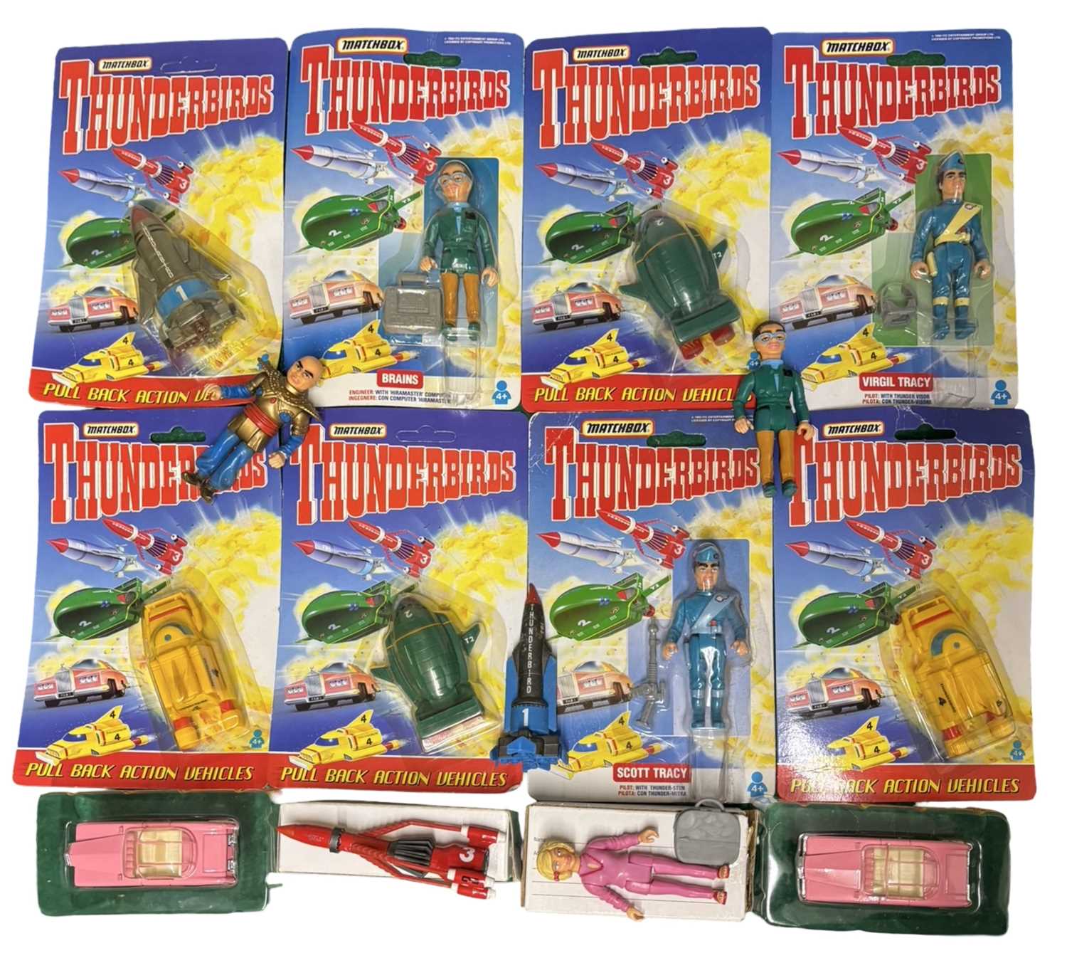 A collection of various vintage 1990s Matchbox Thunderbirds collectable figures, most still carded /