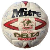 A Mitre football, bearing the signatures of various players, including Ipswich Town's Steve Palmer