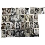 A collection of various black and white postcard fim stills and headshots, some bearing facsimile