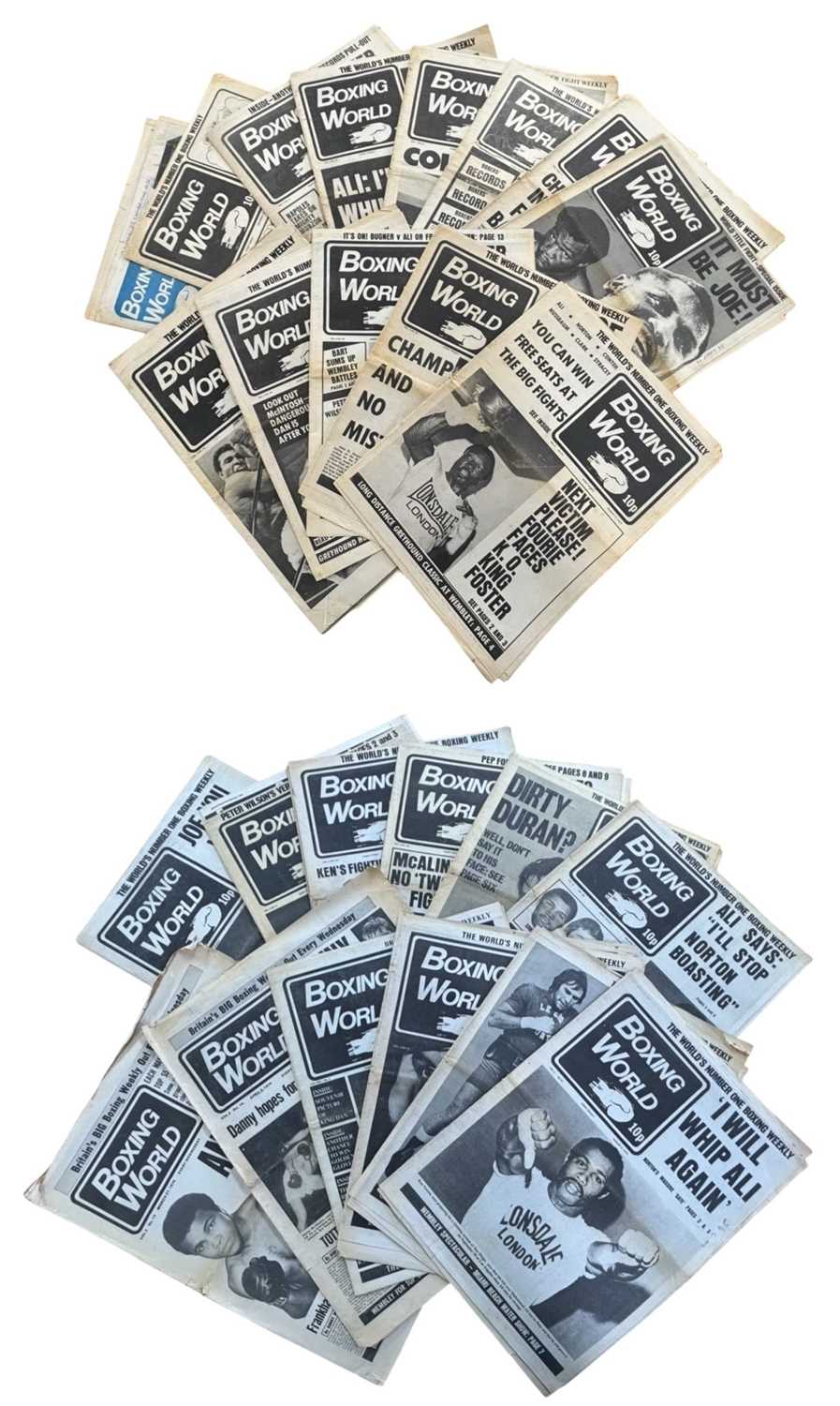 A collection of 1973-1974 Boxing World Weekly newspapers.