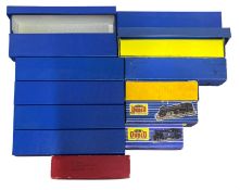 A collection of various Hornby Dublo and generic model railway storage boxes