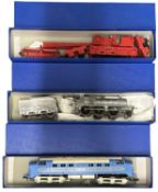 Three 00 gauge rolling stock items in blue boxes; locomotive and tender; diesel engine; crane