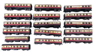 A collection of various Hornby Dublo 00 gauge coaches in maroon and cream livery