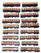 A collection of various Hornby Dublo 00 gauge coaches in maroon and cream livery