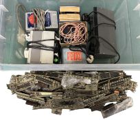 One box of various model railway controllers and a selection of Hornby Dublo 00 gauge track