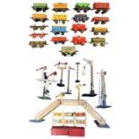 A collecton of 0 gauge tinplate Hornby rolling stock, signals, lights etc