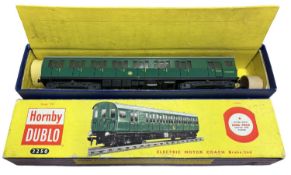 A boxed Hornby Dublo 00 gauge 3-rail Electric Motor Coach (3250) in green livery, number 60016