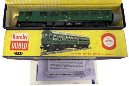 A boxed Hornby Dublo 00 gauge 3-rail Electric Motor Coach (3250) in green livery, number 60016