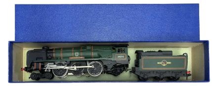 A Hornby Dublo 00 gauge 4-6-2 BR Dorchester #34042 locomotive and tender in green livery, in blue