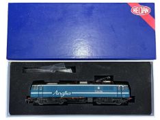 A boxed Heljan 00 gauge Class 86 'The Round Tabler' locomotive in Anglia livery, number 86021