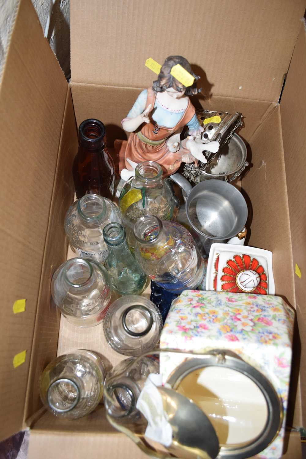 Box containing various collectables including vintage milk bottles etc