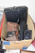 Box containing a quantity of various box cameras, camera accessories etc