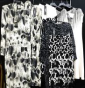 Isabel De Pedro: Three cap sleeve cream and black printed dresses, two long sleeve tie neck dresses,