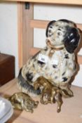 Staffordshire style Spaniel together with two metal animals