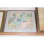 Framed watercolour, cottage garden scene