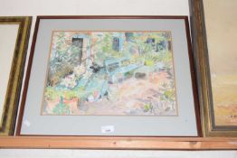 Framed watercolour, cottage garden scene